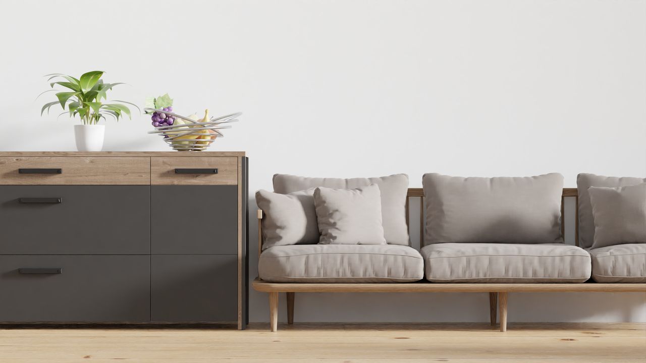 Services A stylish minimalist living room with a modern sofa and a wooden chest of drawers.